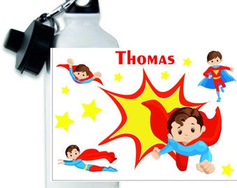 Personalised Superhero themed metal water sports bottle for children, kids water bottle, boys water bottle, children's water bottle, custom