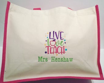 Live, Love, Teach Personalised Canvas Jute Shopper - teacher gift, primary, secondary, LSA, Teaching Assistant, End of Term, Leaving Gift