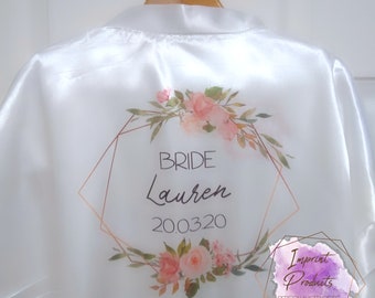 Wedding Dressing Gown Satin Personalised Geometric Floral Robe , Personalised Floral Robe, Bridal Party Robe, Bridesmaid Dressing Gown Gift