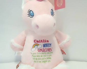 Cubbies Unicorn with Worry Message - Personalised unicorn, embroidered anxiety toy teddy, gift for girls, cuddle teddy