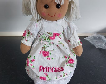 Personalised Rag Doll, babies first doll, first doll for girls, Floral dess rag doll, first birthday gift for girls, embroidered rag doll