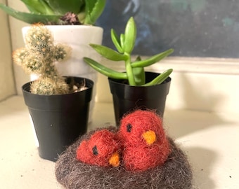 Needle Felted Waldorf Red Birds in a Nest
