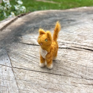May include: A small, hand-felted orange and white cat figurine. The cat is standing on a wooden surface.