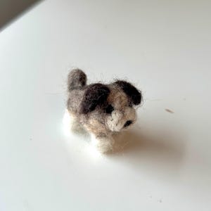 May include: A small, hand-felted dog figurine with brown and white fur. The dog has black eyes and a brown nose.