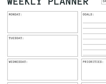 May include: A weekly planner with sections for Monday, Tuesday, Wednesday, Thursday, Saturday, goals, and priorities. There is a space at the top for the date.