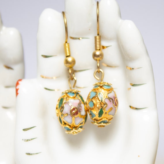 Floral Cloisonné Bead Dangle Earrings - image 2