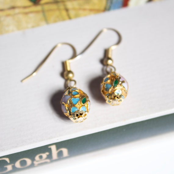 Floral Cloisonné Bead Dangle Earrings - image 3