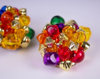 Rainbow Beaded Cluster Clip On Earrings