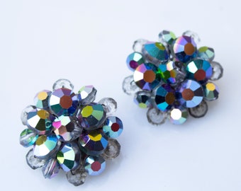 Iridescent Blue & Grey Beaded Cluster Clip On Earrings