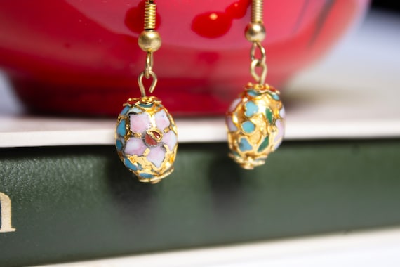 Floral Cloisonné Bead Dangle Earrings - image 5