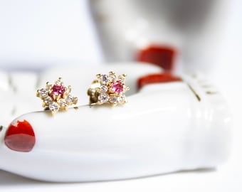 Borchie a vite con rubellite in oro 14k e zirconi cubici