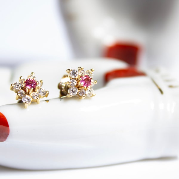 14k Gold Rubellite & CZ Daisy Screwback Studs