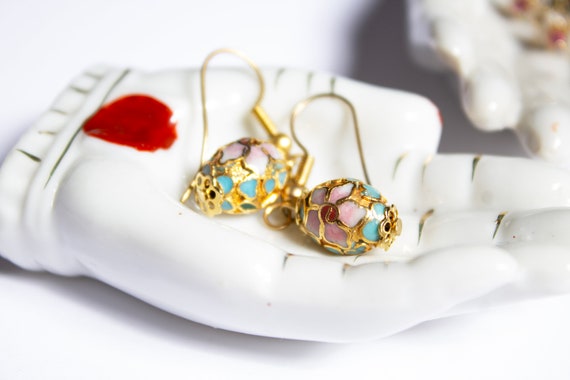 Floral Cloisonné Bead Dangle Earrings - image 8