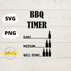以下が含まれることがあります： 「BBQ TIMER」というテキストと、肉を調理するためのビール瓶タイマーの視覚的な表現が書かれた白黒のグラフィックデザイン。タイマーには、「RARE」、「MEDIUM」、「WELL DONE」が表示され、それに対応する数のビール瓶が表示されています。
