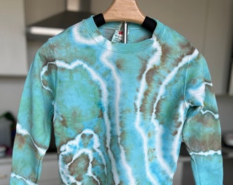 Youth Small Pullover Sweater - Aqua and Tan Geode Tie Dye
