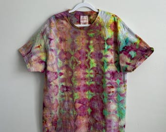 Ice Dye T-Shirt XL, One of a Kind Tie Dye Shirt, Kaleidoscope Ice Dye, Rainbow Tie Dye Tee, Handmade Wearable Art, Unique Gift for Her