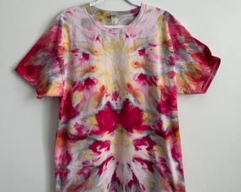Ice Dye T-Shirt Size L - Hand Dyed Raspberry Pink Yellow Tee - Mirrored Kaleidoscope Cotton Shirt - Boho Artisan Tie Dye - One of a Kind