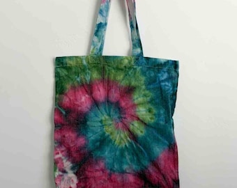Ice Dye Tote Bag | Raspberry Teal Lime Spiral Tie Dye | Cotton Canvas Tote | Hand Dyed Bag