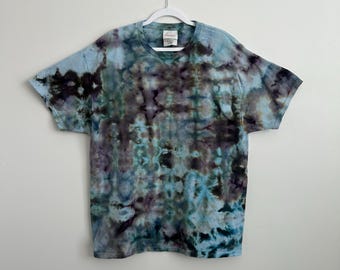 Tie Dye Shirt XL – Ice Dye Cotton T-Shirt – Earth Tone Blue Brown Purple – Hanes – One of a Kind Boho Clothing