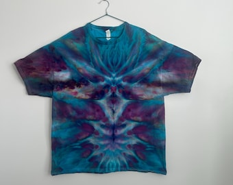 Mirrored Ice Dye T-Shirt 2XL, Teal and Plum Tie Dye, One of a Kind Handmade Tie Dye Shirt, Hanes 2XL Cotton Tee, Boho Tie Dye Gift