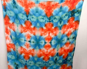 Tie Dye Bamboo Gauze Swaddle Blanket | Orange Blue Diamond Mandala | 47x47 Baby Swaddle | Boho Nursery Sunset Ocean