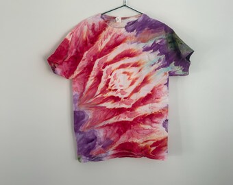 Medium Pink & Purple Ice Dye Shirt – Unisex Floral Burst Tie Dye | Hand Dyed One-of-a-Kind Cotton Tee | Size M