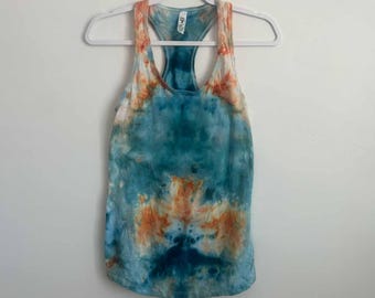 Ice Dye Mirror Fold Tank Top | Kingfisher Blue & Peach Tie Dye Racerback Tank Size S | Boho Tie Dye Shirt | Handmade Gift