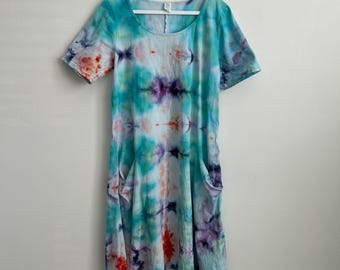 Watercolor Ice Dye Dress – Hand Dyed Cotton Dress with Pockets – Teal Purple Coral Boho Dress – Size Large One of a Kind
