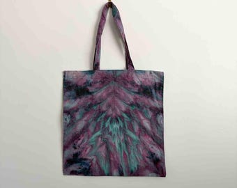 Ice Dye Tote Bag | Magenta Teal Roll Fold Tie Dye | Cotton Canvas Tote | Hand Dyed Jewel Tone Bag