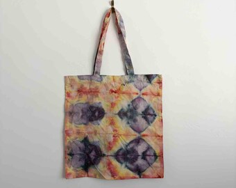 Ice Dye Tote Bag | Shibori Diamond Grid Tie Dye | Gold Plum Coral Cotton Canvas Tote | Hand Dyed Bag