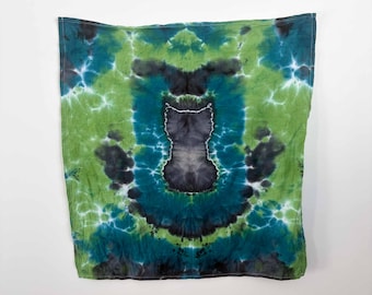 Black Cat Tie Dye Towel | Teal Green Kitty Silhouette Kitchen Towel | 27x27 Cotton Tea Towel | Halloween Cat Lover Gift