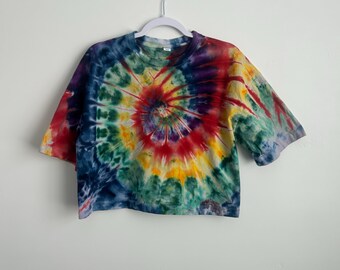 Rainbow Spiral Tie Dye Crop Top – Women’s Medium Hand Dyed Shirt