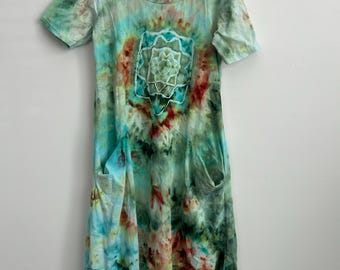 Mandala Ice Dye Dress – Hand Dyed Cotton Dress with Pockets – Earth Tone Teal Green Rust Boho Dress – Size Medium One of a Kind