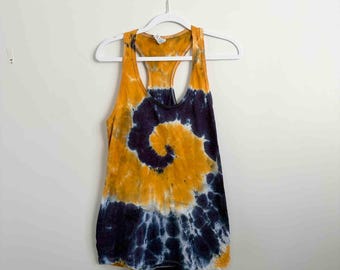 Tie Dye Racerback Tank Top | Mustard Yellow Navy Purple Spiral | Women's Tank | Boho Festival Top | Hand Dyed L
