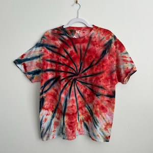 Adult XL Black and Red Spiral Tie Dye T-Shirt – Hand Dyed Unisex Cotton Tee, One-of-a-Kind Ice Dye Design