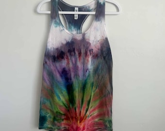 Ice Dye Fan Fold Tank Top | Purple to Rainbow Ombre Racerback Tank Size L | Boho Tie Dye Shirt | Handmade Gift