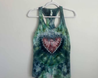 Ice Dye Heart Tank Top | Green & Pink Tie Dye Racerback Tank Size S | Boho Tie Dye Shirt | Handmade Gift
