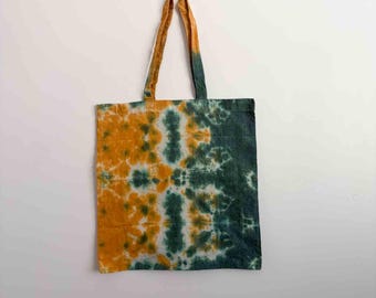 Tie Dye Tote Bag | Mustard Gold Forest Green Shibori | Cotton Canvas Tote | Hand Dyed Bag