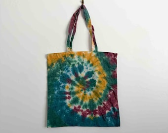 Tie Dye Tote Bag | Gold Teal Wine Spiral Tie Dye | Cotton Canvas Tote | Hand Dyed Bag