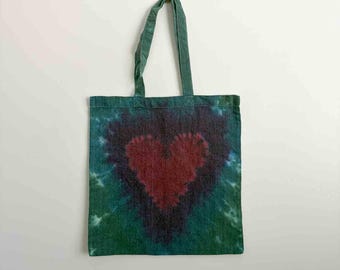 Tie Dye Tote Bag | Crimson Heart Green Purple Liquid Dye | Cotton Canvas Tote | Hand Dyed Valentine Gift