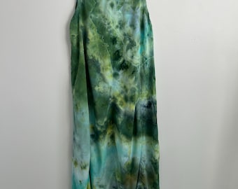 Ice Dye Maxi Dress Size L - Hand Dyed Watercolor Green Teal Rayon Sundress - Boho Summer Dress - One of a Kind Artisan Slow Fashion