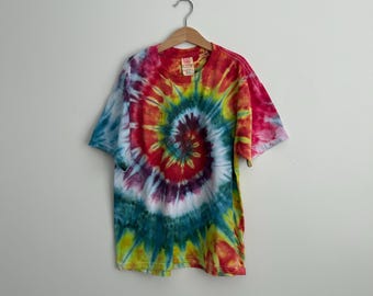 Youth Large Rainbow Spiral Tie Dye Shirt - Hand Dyed Hanes Tee - Unique Unisex Top