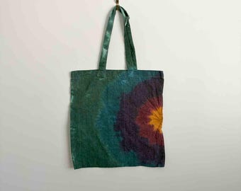 Tie Dye Tote Bag | Forest Green Sunburst Fan Fold | Cotton Canvas Tote | Hand Dyed Bag