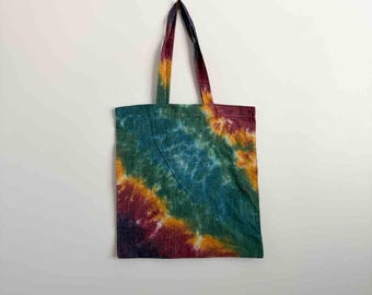 Tie Dye Tote Bag | Teal Gold Magenta Roll Fold | Cotton Canvas Tote | Hand Dyed Jewel Tone Bag