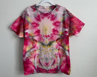 Ice Dye T-Shirt Size L - Hand Dyed Floral Pink Blush Cotton Tee - Mirrored Watercolor Boho Shirt - One of a Kind Artisan Tie Dye Gift Her