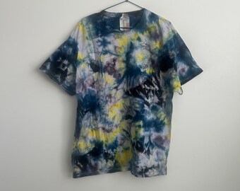 Ice Dye T-Shirt Handmade Navy Blue Yellow Purple Unisex XL One of a Kind Artisan Tie Dye Boho Slow Fashion Crumple Dye
