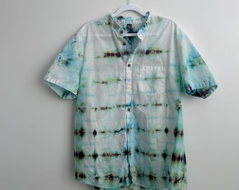 Tie Dye Button Up Shirt XL – Ice Dyed Cotton Shirt – Blue Green Earth Tone Shirt – Handmade Short Sleeve – One of a Kind