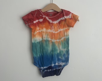 12M Hand Dyed Baby Onesie - Rainbow Stripe Tie Dye Bodysuit, Gerber Cotton