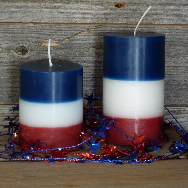 Set of 2 Red, White and Blue Rustic Finish Firecracker Pillar Candles