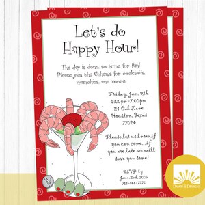 Happy Hour-Einladung. Shrimp Cocktail In Martini Glas einladen, digitale Einladung, druckbare einladen